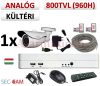 Sec-CAM 960H - 800-1200TVL (0.55MP) ANALÓG - KÜLTÉRI KOMPAKT KAMERA - 1 KAMERÁS KOMPLETT KAMERARENDSZER - biztonsági megfigyelő szett 