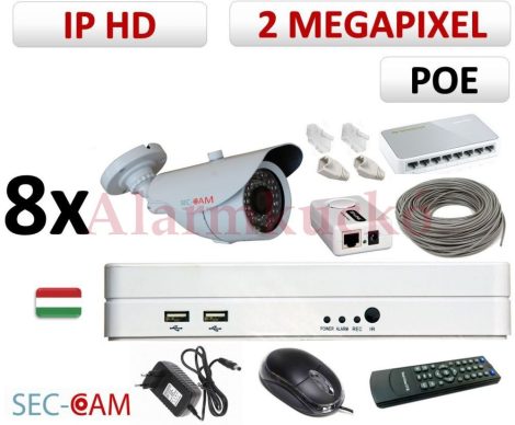 Sec-CAM 2MP 12V DC IP - KÜLTÉRI KOMPAKT KAMERA - 8 KAMERÁS KOMPLETT KAMERARENDSZER - valódi 2 MegaPixel (FULL HD 1080p) biztonsági megfigyelő szett 