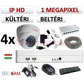   Sec-CAM 1MP IP - KÜLTÉRI / BELTÉRI DÓM KAMERA - 4 KAMERÁS KOMPLETT KAMERARENDSZER - valódi 1 MegaPixel (HD 720p) biztonsági megfigyelő szett 