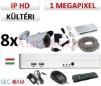   Sec-CAM 1MP IP - KÜLTÉRI KOMPAKT KAMERA - 8 KAMERÁS KOMPLETT KAMERARENDSZER - valódi 1 MegaPixel (HD 720p) biztonsági megfigyelő szett 