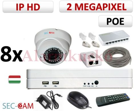 Sec-CAM 2MP 12V DC IP - KÜLTÉRI / BELTÉRI DÓM KAMERA - 8 KAMERÁS KOMPLETT KAMERARENDSZER - valódi 2 MegaPixel (FULL HD 1080p) biztonsági megfigyelő szett 