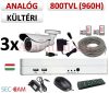 Sec-CAM 960H - 800-1200TVL (0.55MP) ANALÓG - KÜLTÉRI KOMPAKT KAMERA - 3 KAMERÁS KOMPLETT KAMERARENDSZER - biztonsági megfigyelő szett 