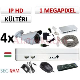   Sec-CAM 1MP IP - KÜLTÉRI KOMPAKT KAMERA - 4 KAMERÁS KOMPLETT KAMERARENDSZER - valódi 1 MegaPixel (HD 720p) biztonsági megfigyelő szett