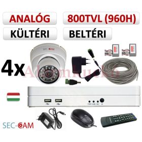   Sec-CAM 960H - 800-1200TVL (0.55MP) ANALÓG - KÜLTÉRI/BELTÉRI DÓM KAMERA - 4 KAMERÁS KOMPLETT KAMERARENDSZER - biztonsági megfigyelő szett 