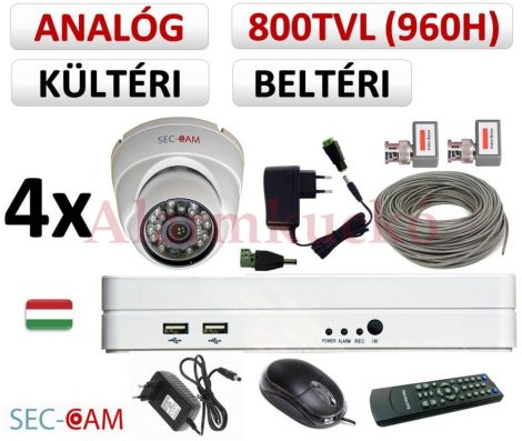 Sec-CAM 960H - 800-1200TVL (0.55MP) ANALÓG - KÜLTÉRI/BELTÉRI DÓM KAMERA - 4 KAMERÁS KOMPLETT KAMERARENDSZER - biztonsági megfigyelő szett 