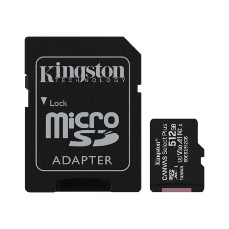 Kingston SDCS2/512GB 512GB microSD kártya, microSDXC, UHS-I Speed Class, U3, V30, adapterrel