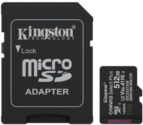 Kingston SDCS3/512GB 512GB microSD kártya, microSDXC, UHS-I Speed Class, U3, V30, adapterrel