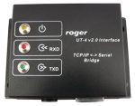    ROGER UT4v2 kommunikációs interfész, TCP/IP konverter, 10-15 VDC, átlag 75mA, max. 150mA, RS232, RxD, TxD, RTS, CTS, GND, RS485, TxA, TxB, RxA, RxB, 110g, 100x68x35